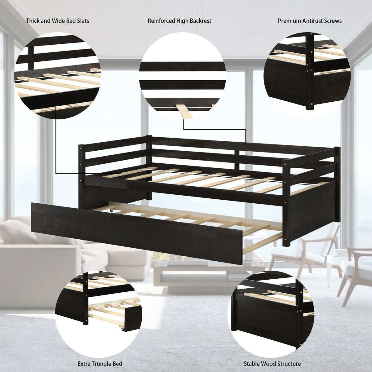 Twin Size Trundle Platform Bed Frame, Wooden Slat Support, Dark Brown Trundle Bed Frame at Gallery Canada