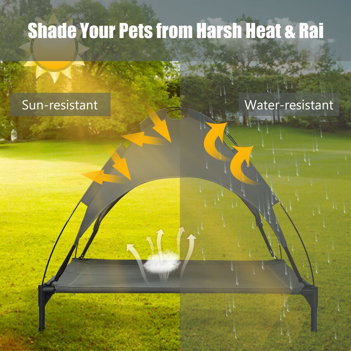 Portable Elevated Outdoor Pet Bed, Removable Canopy Shade, 42 Inch, Dark Gray