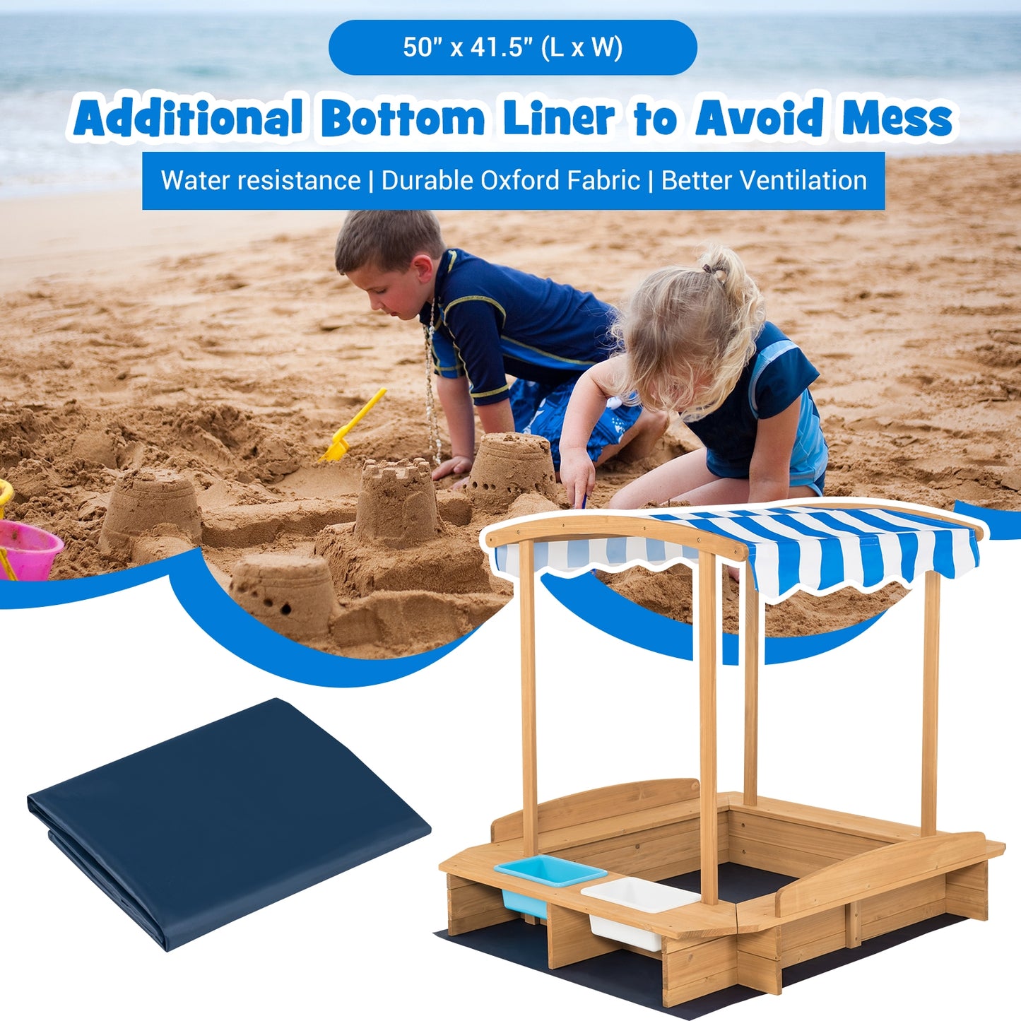 Kids Wooden Sandbox with Striped Canopy, Brown Sandboxes at Gallery Canada