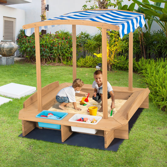 Kids Wooden Sandbox with Striped Canopy, Brown Sandboxes Brown at Gallery Canada