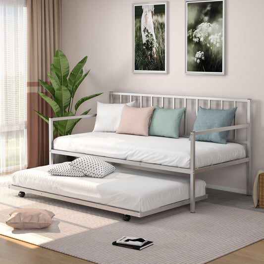 Twin Metal Daybed Sofa Bed Set with Roll Out Trundle, Silver Trundle Bed Frame Silver at Gallery Canada