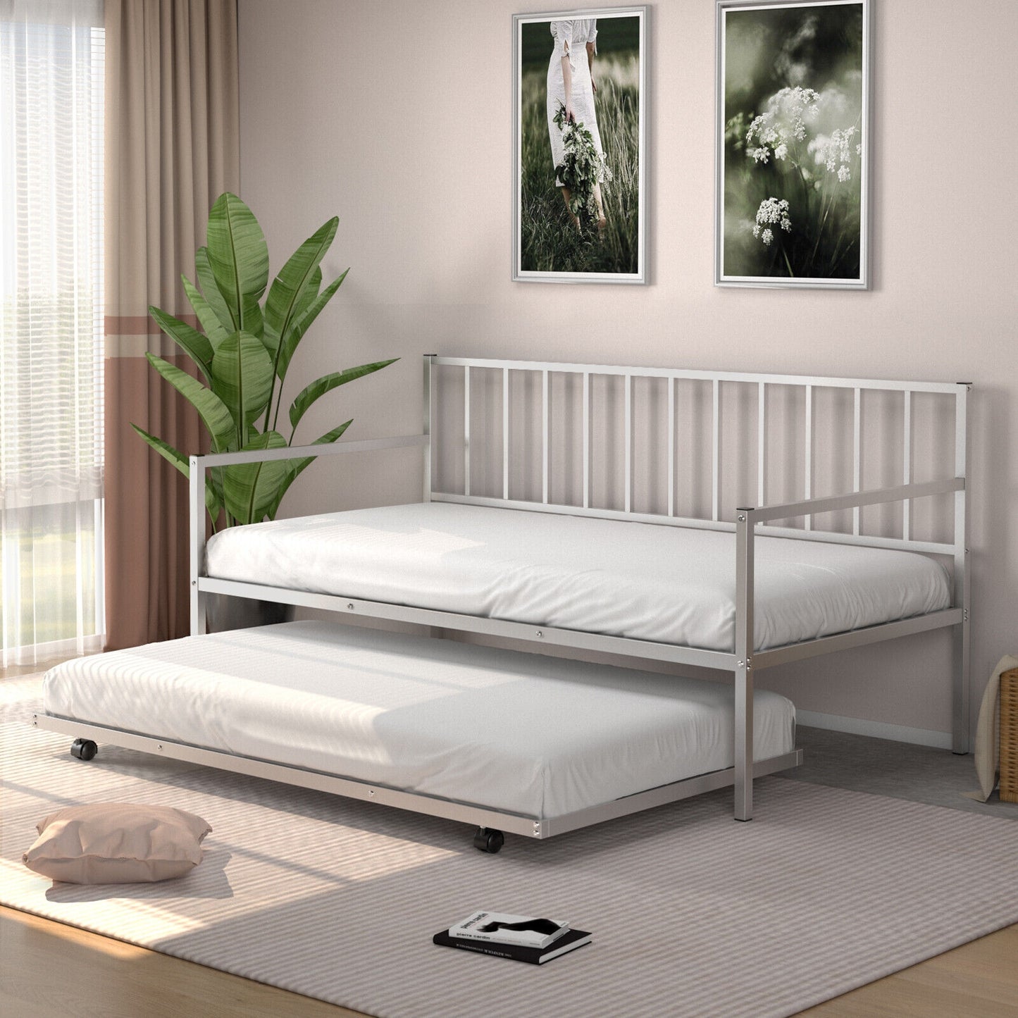 Twin Metal Daybed Sofa Bed Set, With Roll Out Trundle, Silver Trundle Bed Frame at Gallery Canada