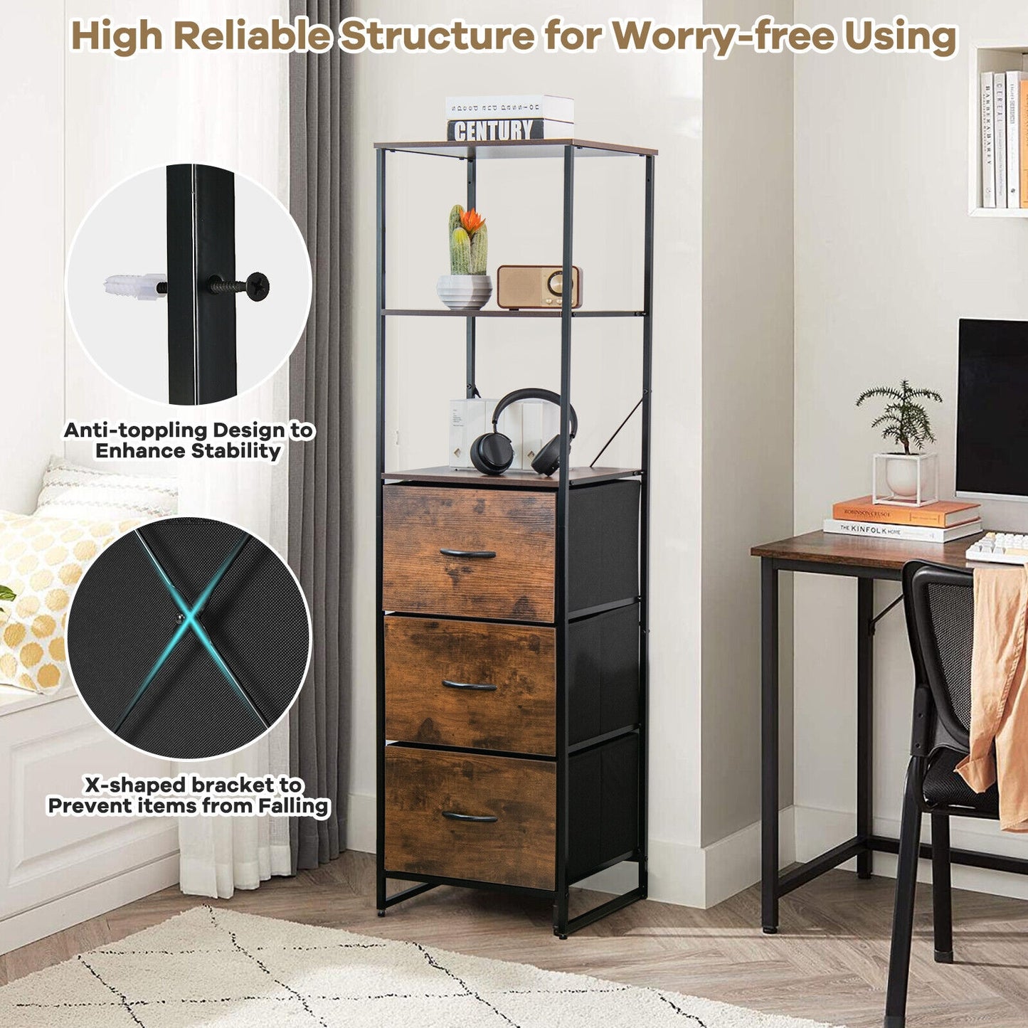 Freestanding Vertical 3 Drawer Dresser with 3 Shelves, Rustic Brown Dressers & Chests at Gallery Canada