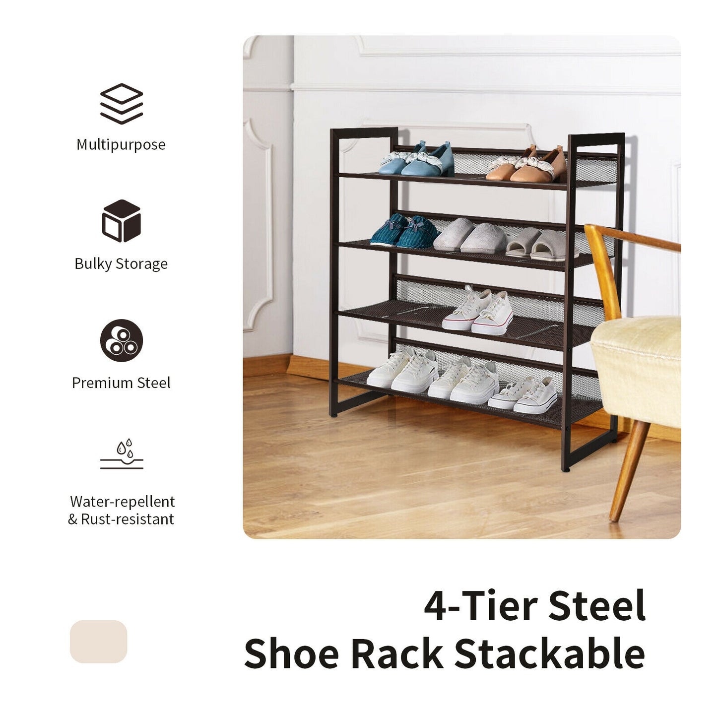 4-Tier Metal Shoe Rack, Flat And Slant Design, Brown Shoe Racks & Storage Benches at Gallery Canada