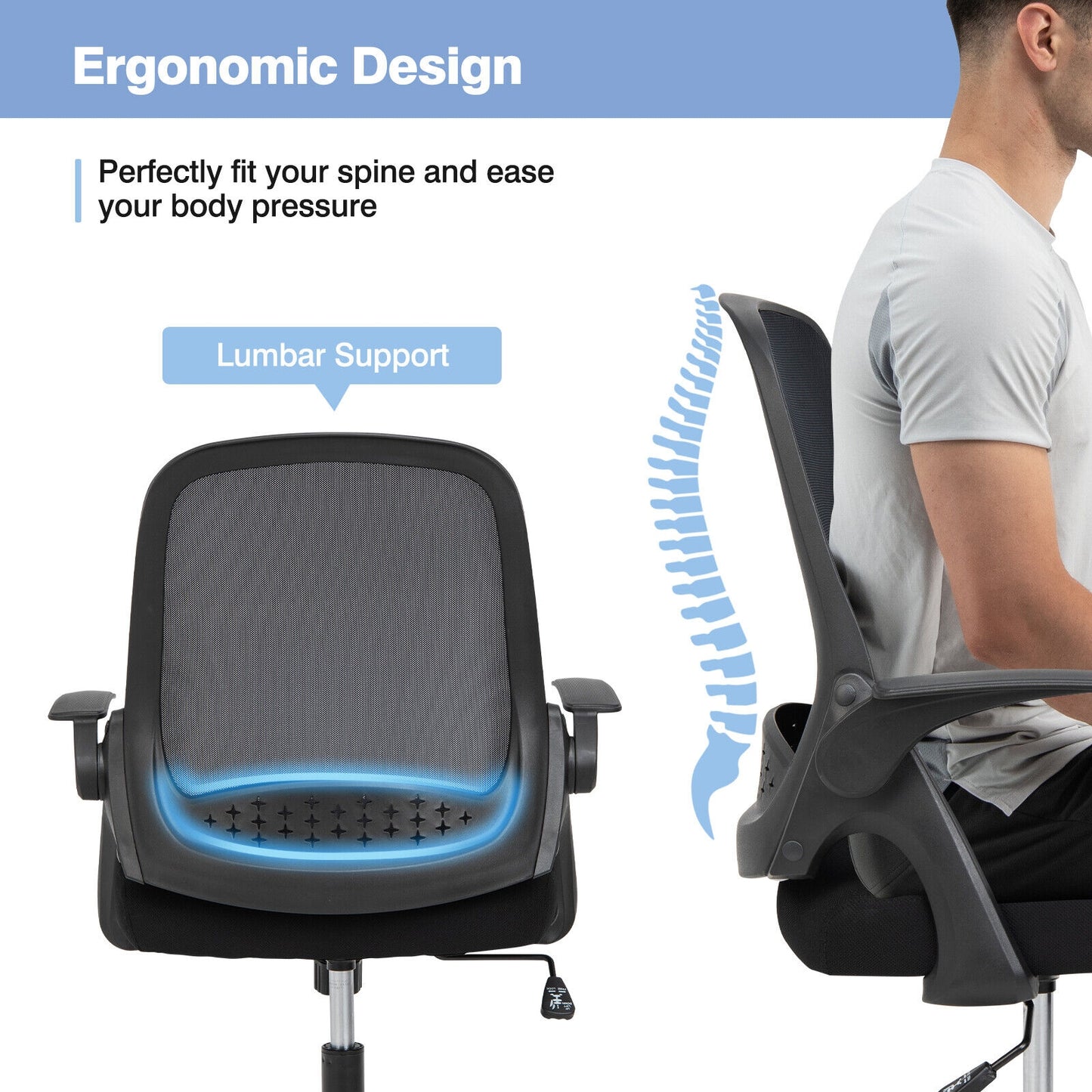 Adjustable Mesh Office Chair, Flip-Up Armrest, Black