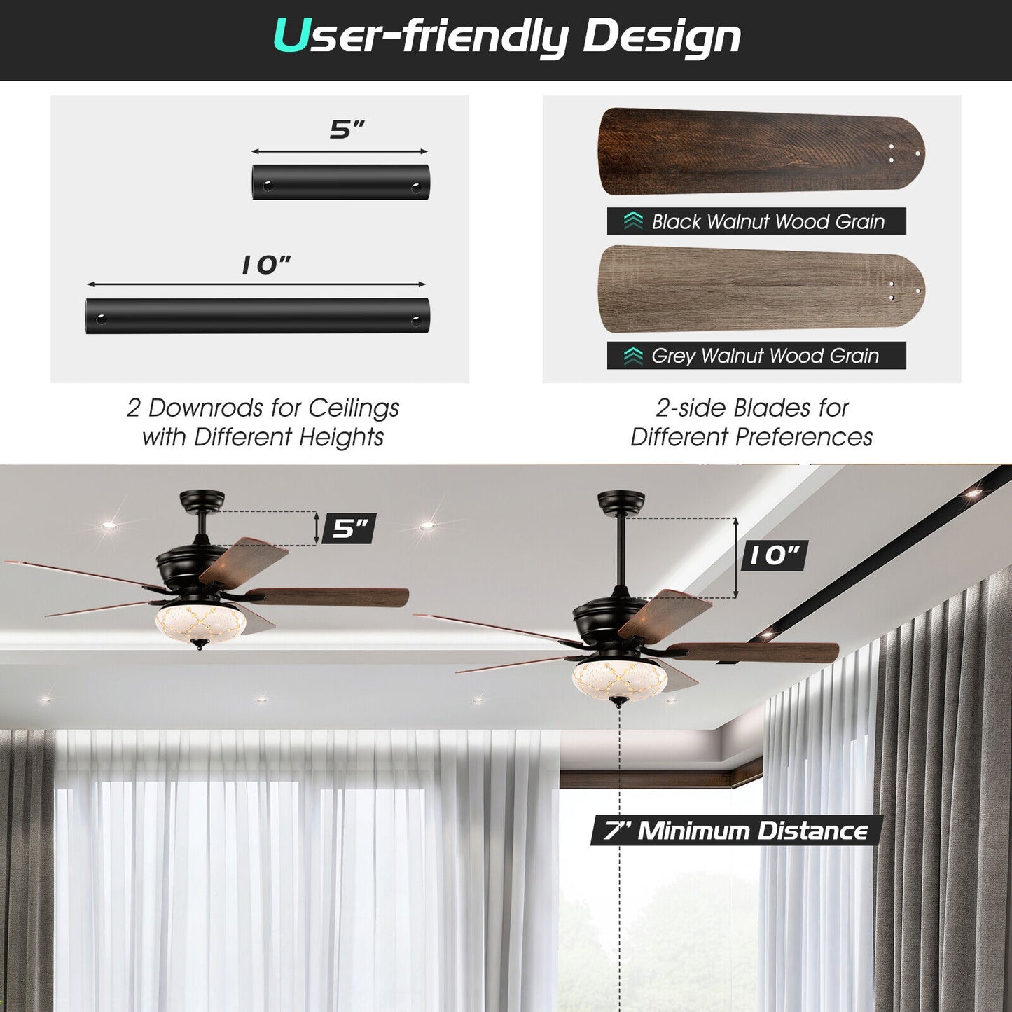 52 Inch Ceiling Fan with 3 Wind Speeds and 5 Reversible Blades, Black Ceiling Fans at Gallery Canada