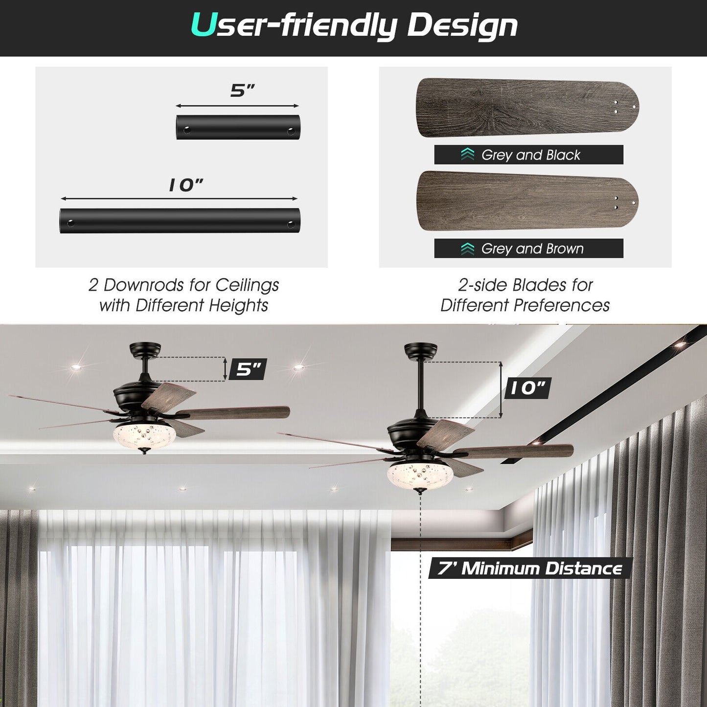52 Inch Ceiling Fan with 3 Wind Speeds and 5 Reversible Blades, Gray Ceiling Fans at Gallery Canada