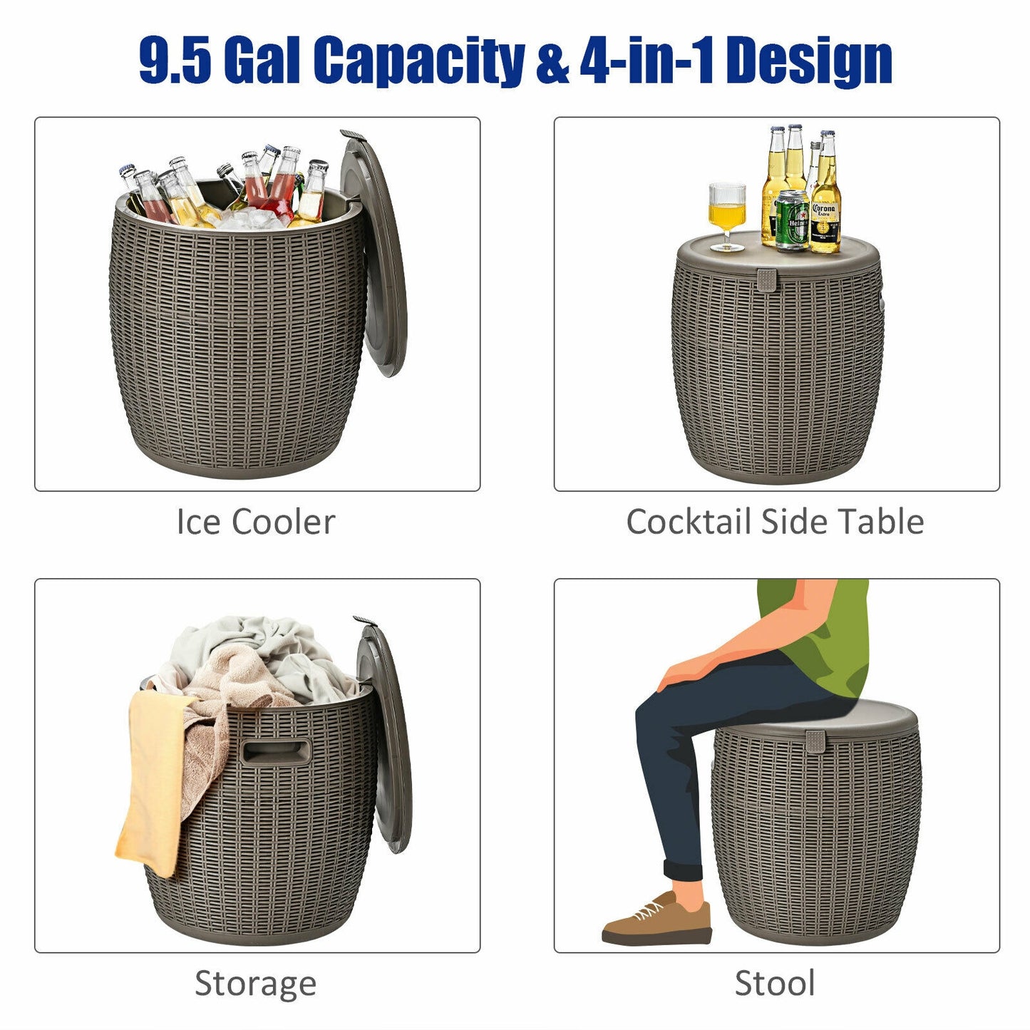 9.5 Gallon 4-in-1 Patio Rattan Cool Bar Cocktail Table Side Table, Brown Coolers at Gallery Canada