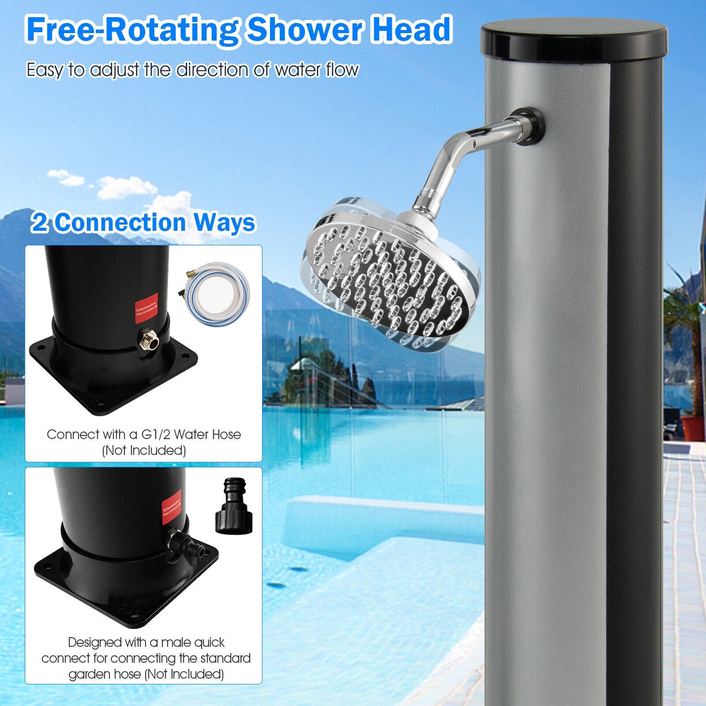 7.2 Feet Solar-Heated Outdoor Shower with Free-Rotating Shower Head, Silver Portable Toilets & Showers at Gallery Canada