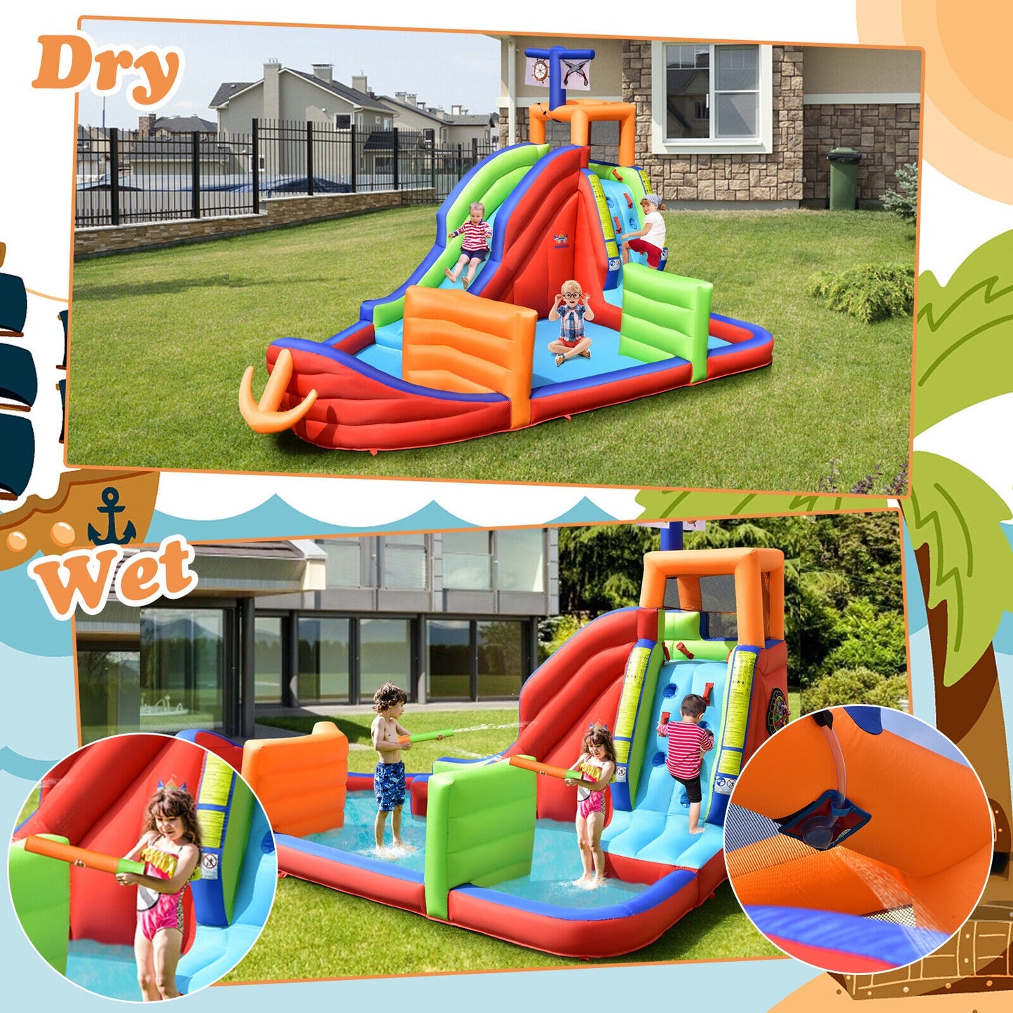6-in-1 Pirate Ship Waterslide Kid Inflatable Castle with Water Guns and 735W Blower Bounce House at Gallery Canada