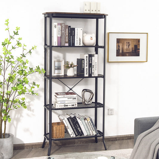 Industrial 5-Layer Bookshelf with Out-Stretched Legs, Rustic Brown Bookcases Rustic Brown at Gallery Canada