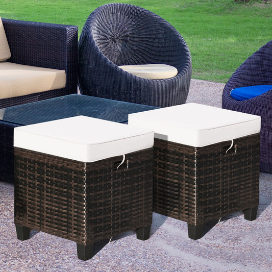 2 Pieces Patio Rattan Ottoman Cushioned Seat, Cream White Outdoor Seating & Patio Chairs Beige at Gallery Canada