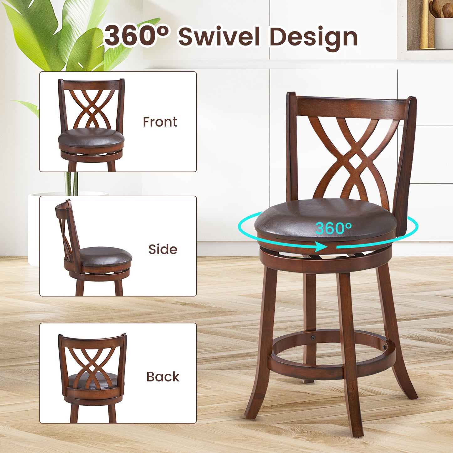 360° Swivel Counter Height Chair, PU Leather Seat, 26 Inches, Brown Bar Stools at Gallery Canada