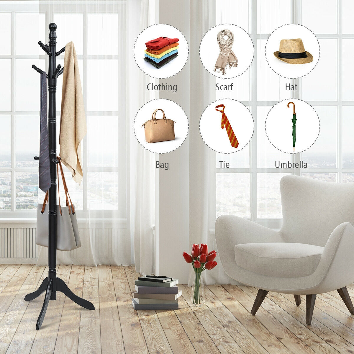 Adjustable Free Standing Wooden Coat Rack, Black Coat Racks & Hall Trees at Gallery Canada