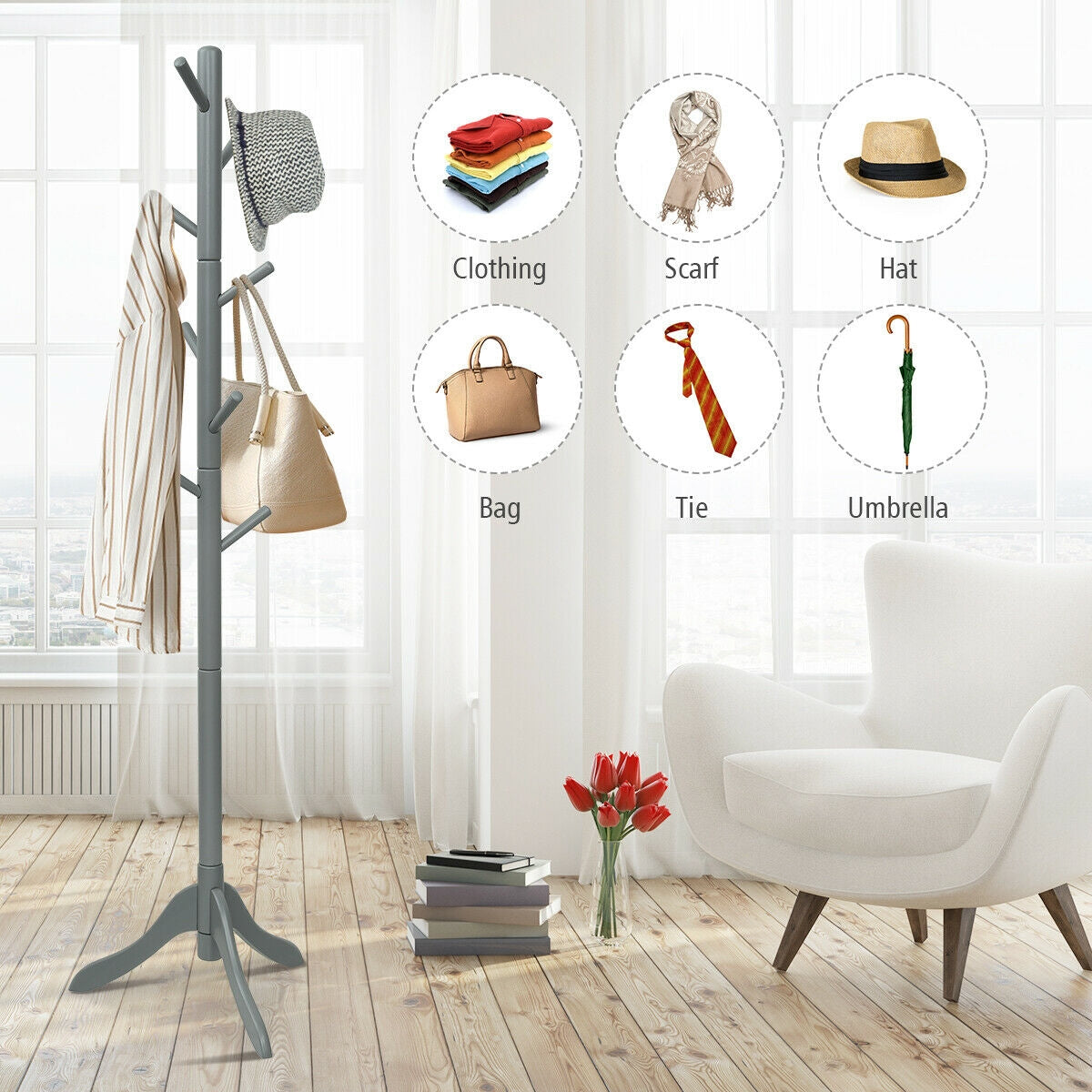 Adjustable Wooden Tree Coat Rack, 8 Hooks, Gray Coat Racks & Hall Trees at Gallery Canada