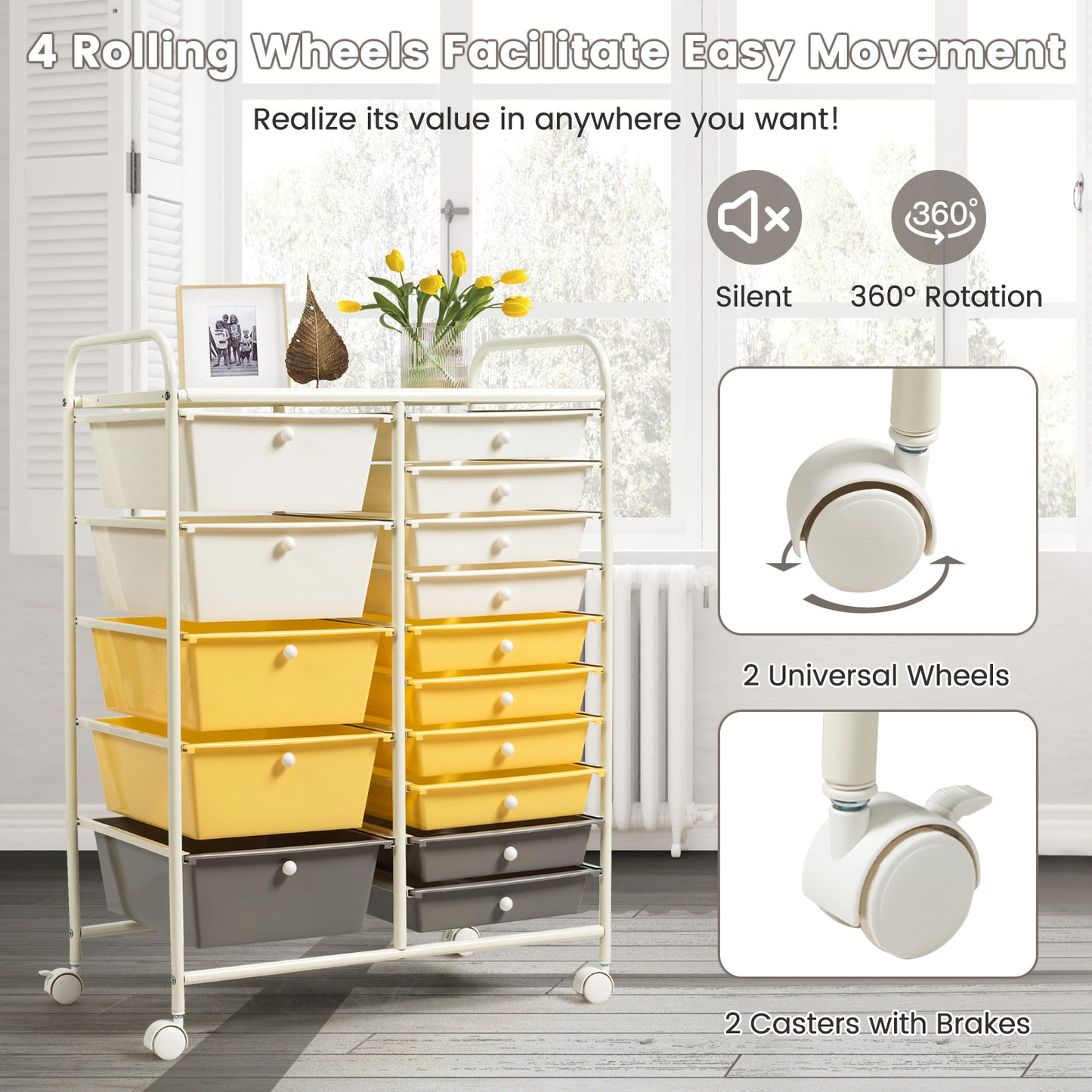 15-Drawer Storage Rolling Organizer Cart, Yellow File Cabinets at Gallery Canada