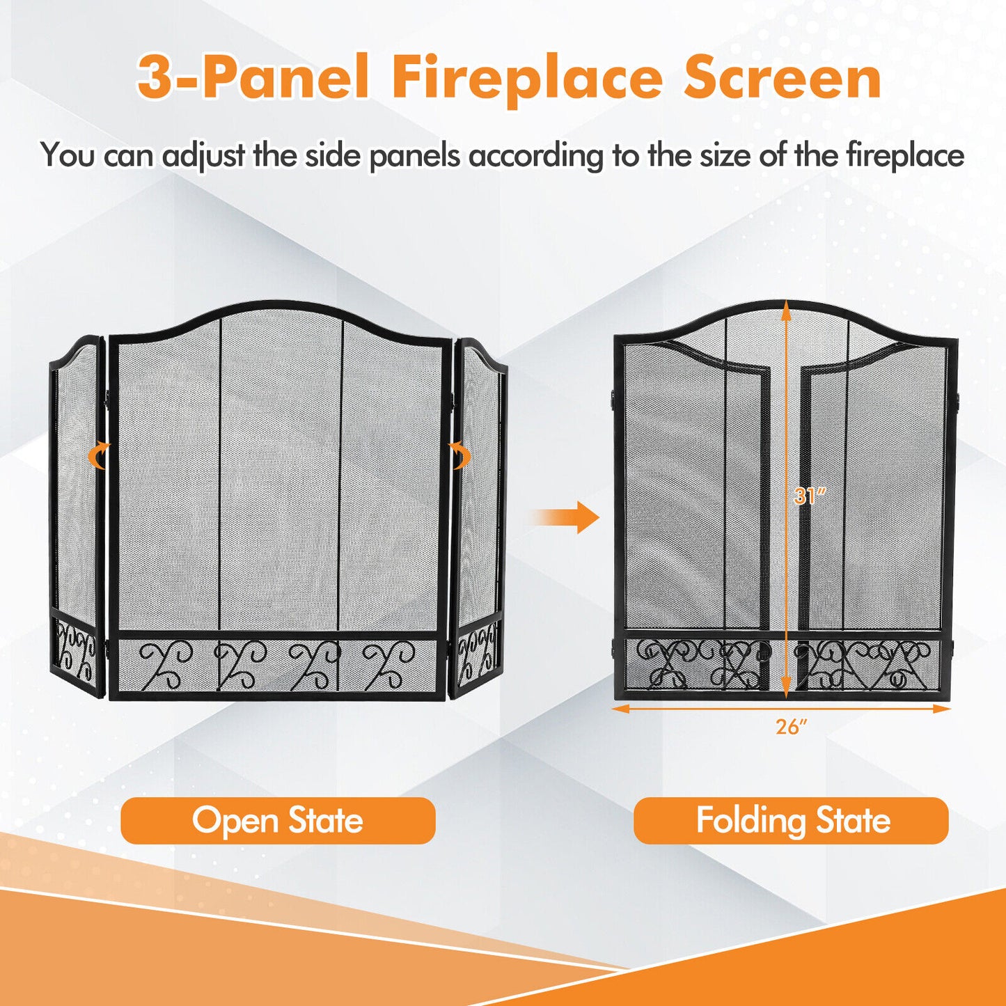 3-Panel Fireplace Screen Spark Guard, Black
