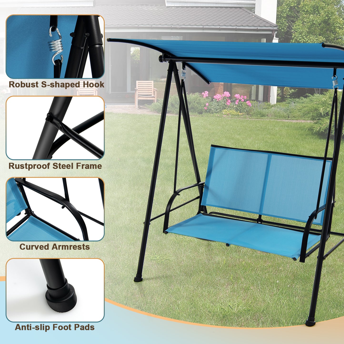 2-Seat Outdoor Canopy Swing, Comfortable Fabric, Heavy-Duty Metal Frame, Navy Porch Swings at Gallery Canada