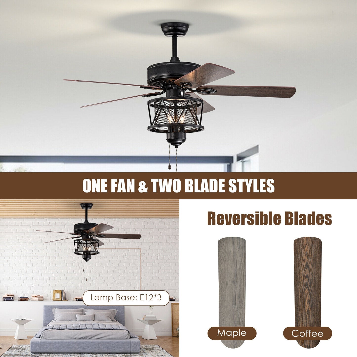 50 Inch Ceiling Fan With Lights, Reversible Blades, Pull Chain, Black Ceiling Fans at Gallery Canada