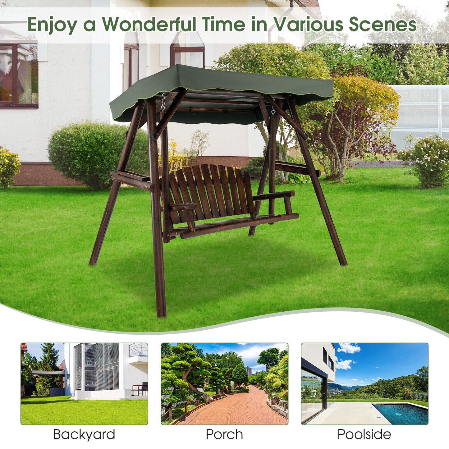 2-Person Outdoor Wooden Porch Swing, Adjustable Canopy, Natural Porch Swings at Gallery Canada