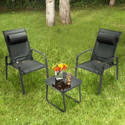Patio Bistro Furniture Set, 3 Pieces, Adjustable Backrest, Black