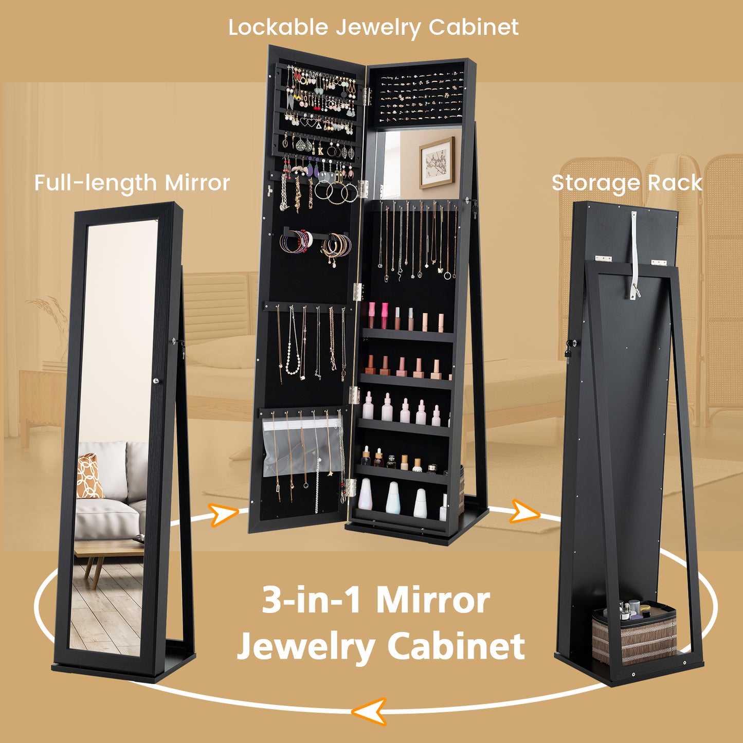 Standing Lockable Jewelry Organizer With Full-Length Mirror, Black Jewelry Armoires at Gallery Canada