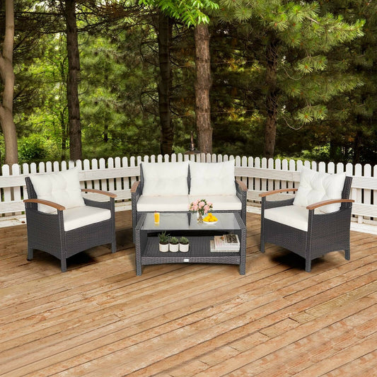 4 Piece Patio Rattan Furniture Set, With Cushioned Sofa and Storage Table, White Patio Conversation Sets White at Gallery Canada