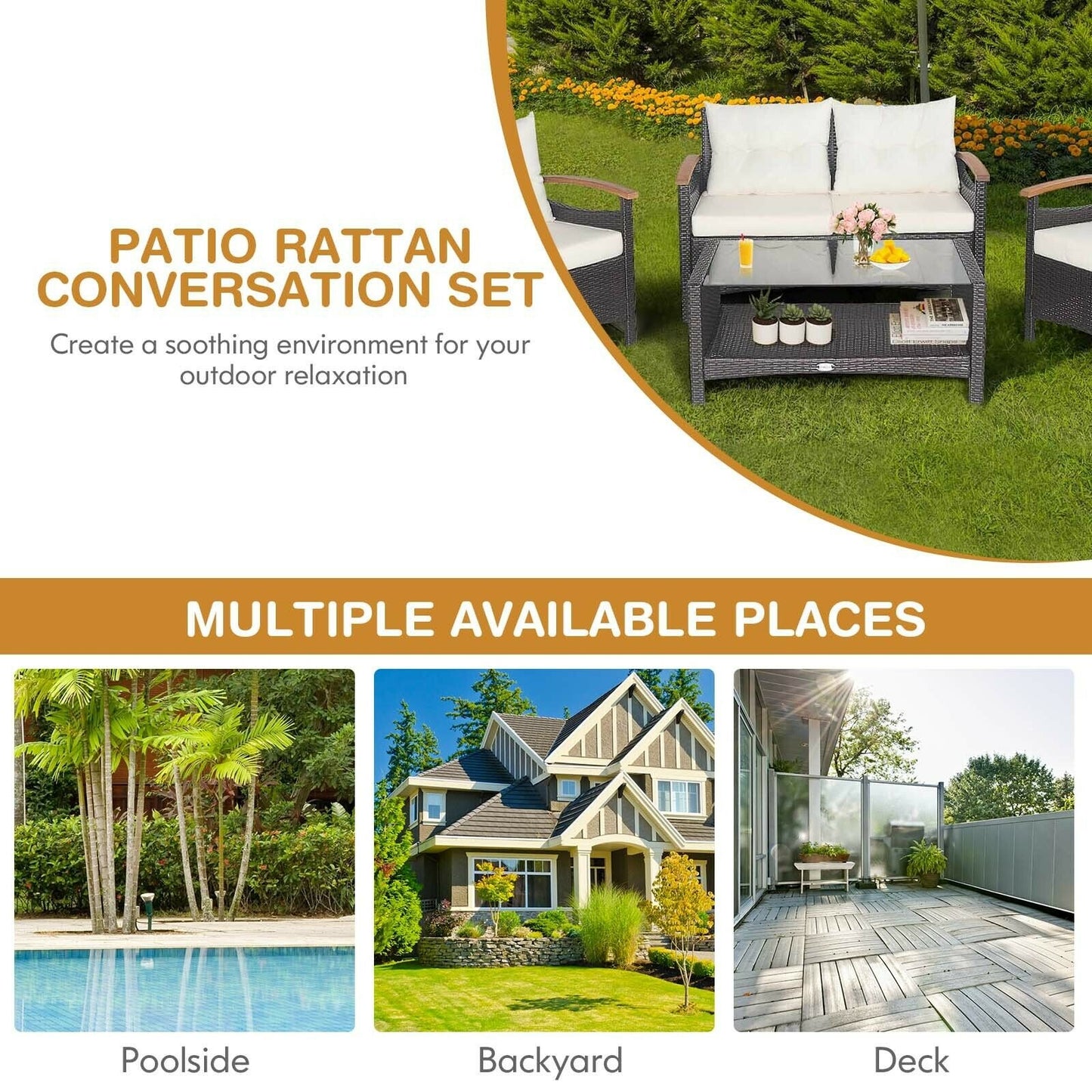4 Piece Patio Rattan Furniture Set, With Cushioned Sofa and Storage Table, White Patio Conversation Sets at Gallery Canada