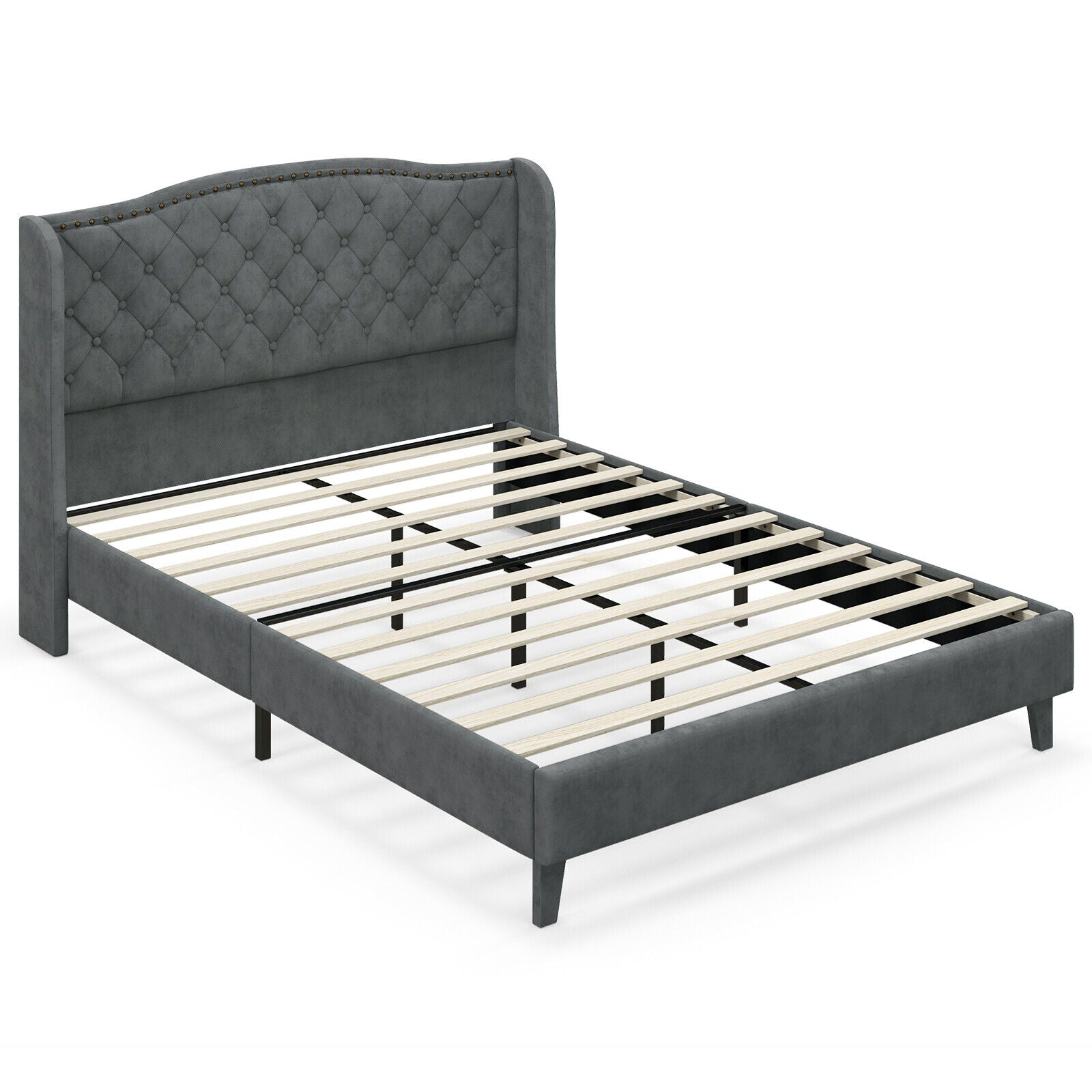 Full/Queen Size Upholstered Platform Bed Frame with Button Tufted Headboard-Full Size, Gray Simple Bed Frame at Gallery Canada