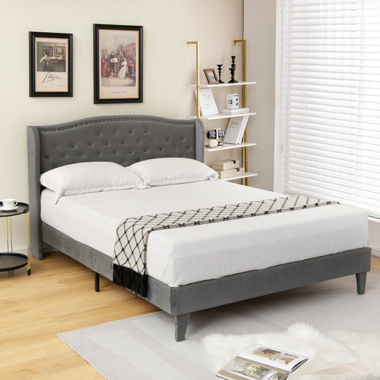 Full/Queen Size Upholstered Platform Bed Frame, Button Tufted Headboard, Gray Simple Bed Frame Gray at Gallery Canada