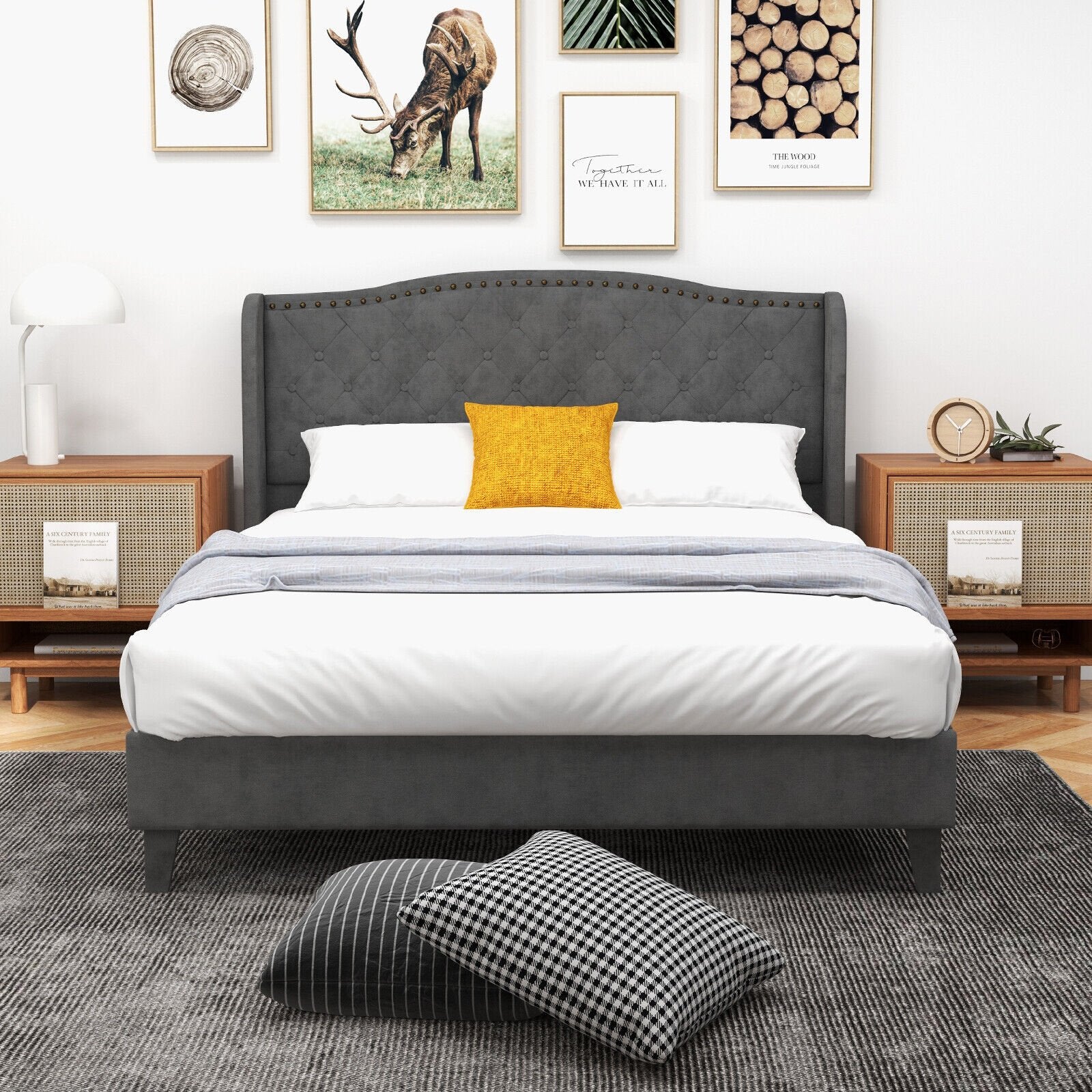 Full/Queen Size Upholstered Platform Bed Frame with Button Tufted Headboard-Full Size, Gray Simple Bed Frame at Gallery Canada
