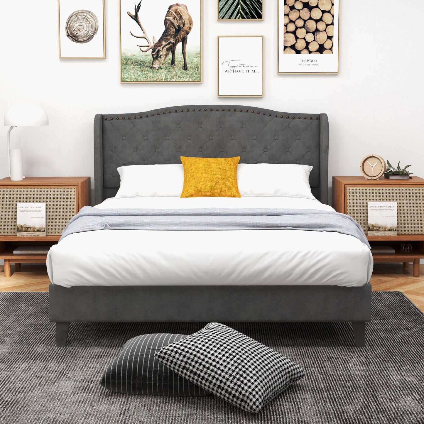Full/Queen Size Upholstered Platform Bed Frame with Button Tufted Headboard-Full Size, Gray Simple Bed Frame at Gallery Canada
