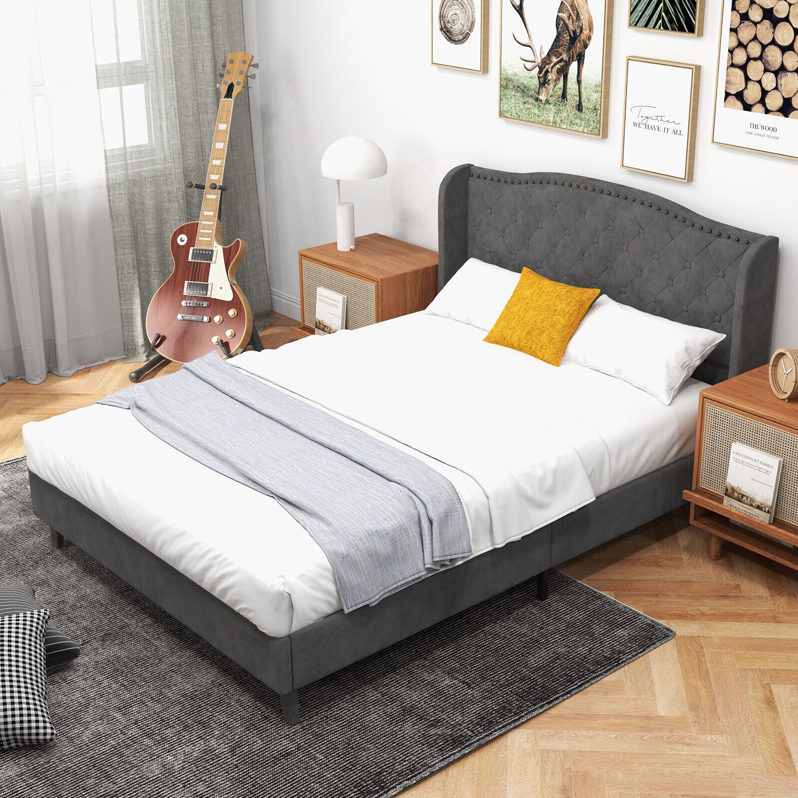Full/Queen Size Upholstered Platform Bed Frame with Button Tufted Headboard-Full Size, Gray Simple Bed Frame at Gallery Canada
