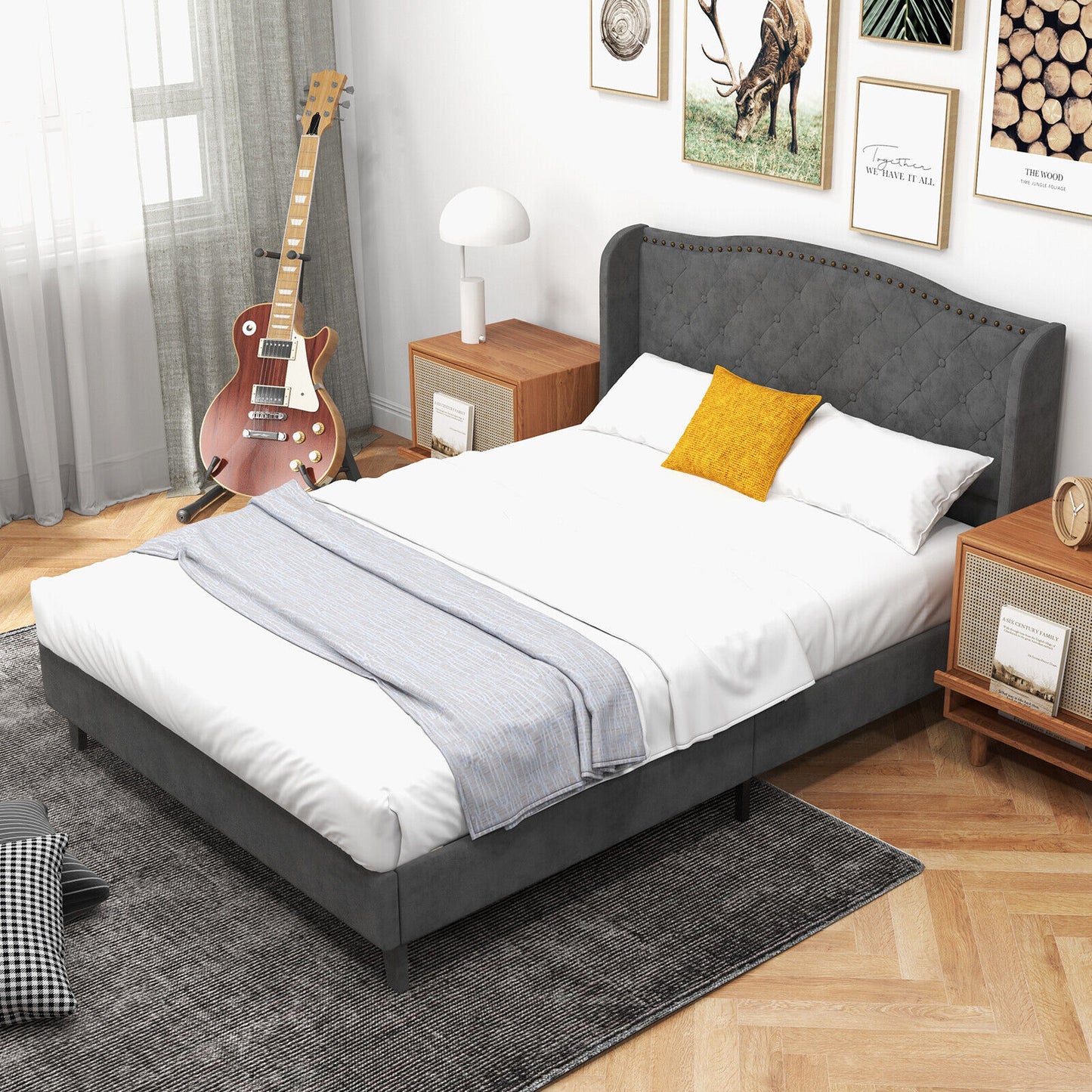 Full/Queen Size Upholstered Platform Bed Frame with Button Tufted Headboard-Full Size, Gray Simple Bed Frame at Gallery Canada