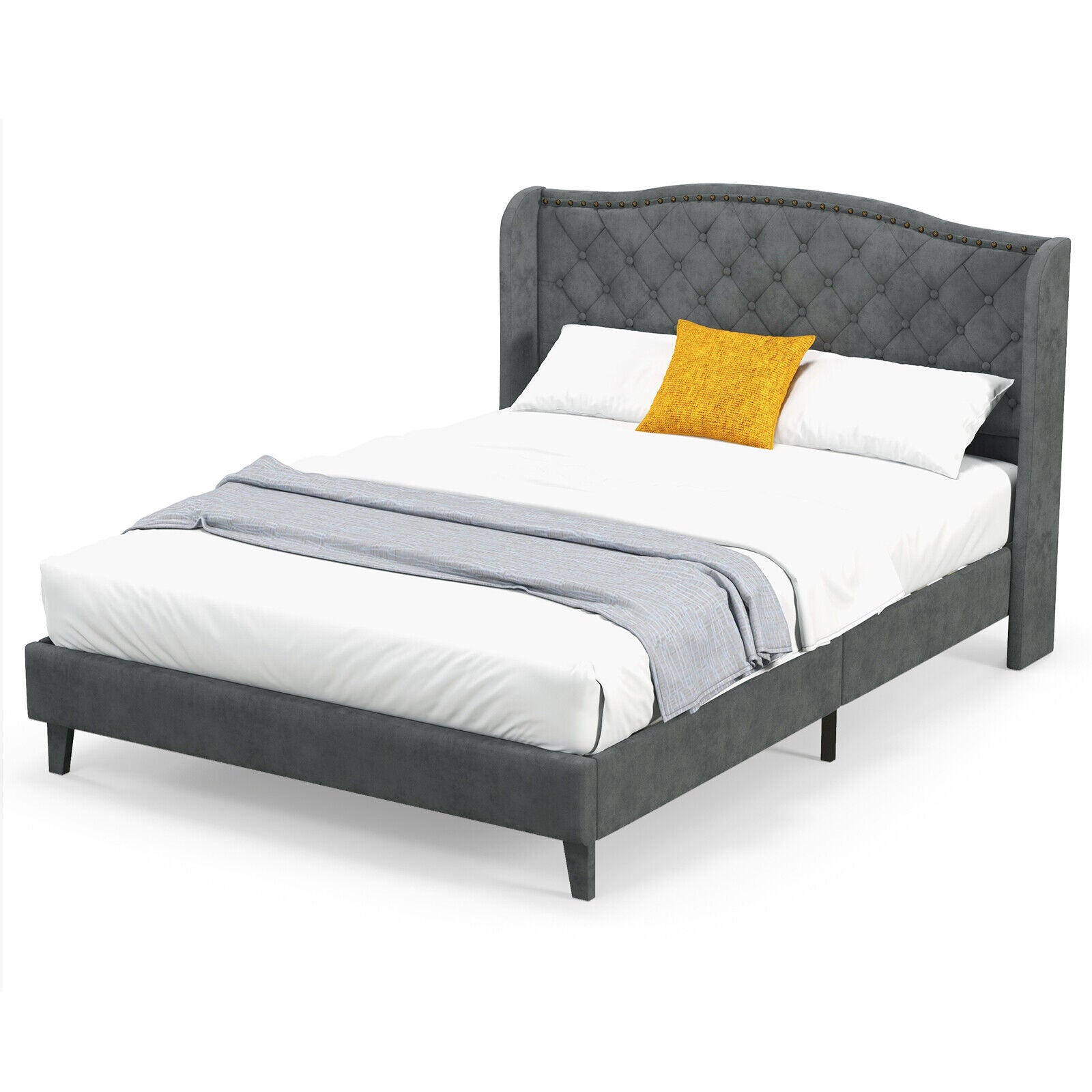 Full/Queen Size Upholstered Platform Bed Frame with Button Tufted Headboard-Full Size, Gray Simple Bed Frame at Gallery Canada