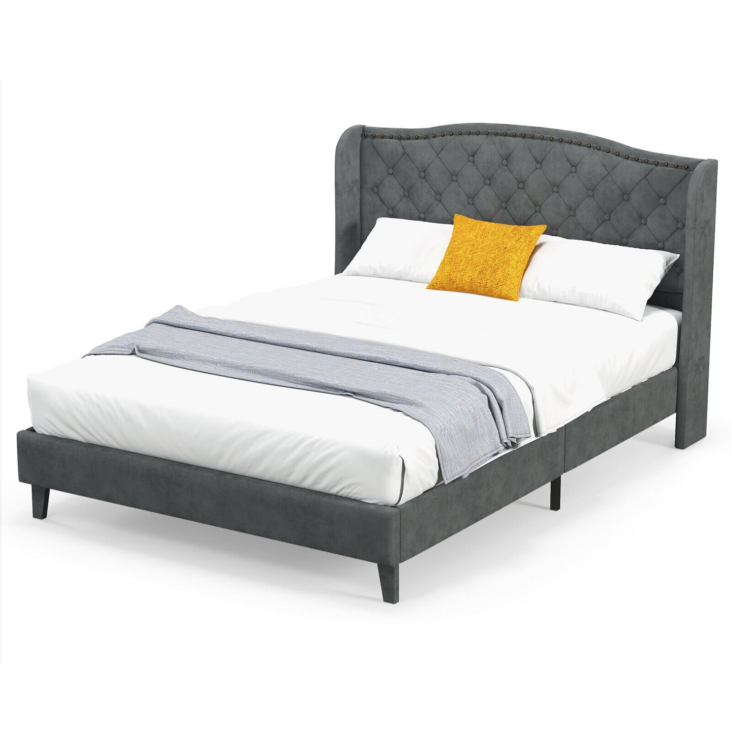 Full/Queen Size Upholstered Platform Bed Frame with Button Tufted Headboard-Full Size, Gray Simple Bed Frame at Gallery Canada