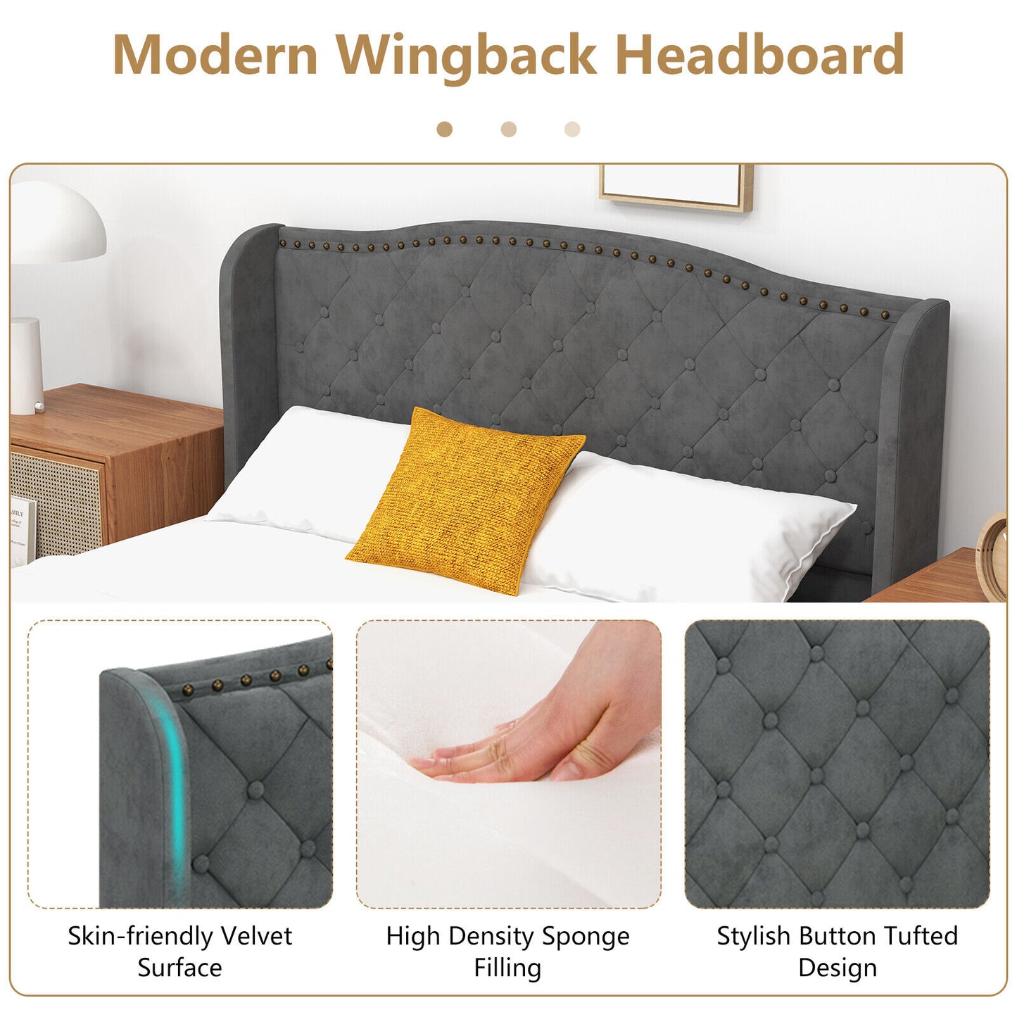 Full/Queen Size Upholstered Platform Bed Frame, Button Tufted Headboard, Gray Simple Bed Frame at Gallery Canada