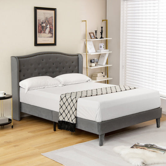 Queen Size Upholstered Platform Bed Frame, Button Tufted Headboard, Gray Simple Bed Frame Gray at Gallery Canada