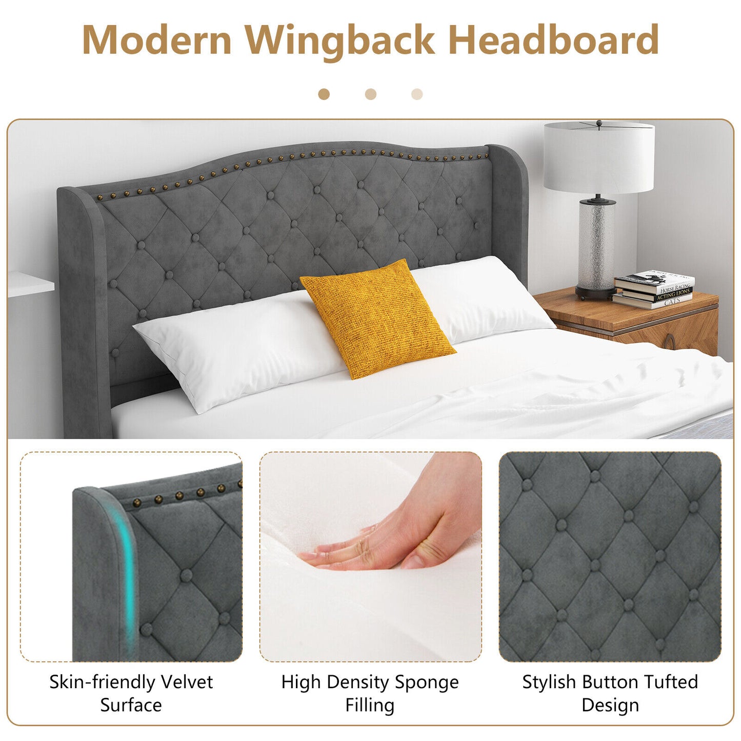 Queen Size Upholstered Platform Bed Frame, Button Tufted Headboard, Gray Simple Bed Frame at Gallery Canada