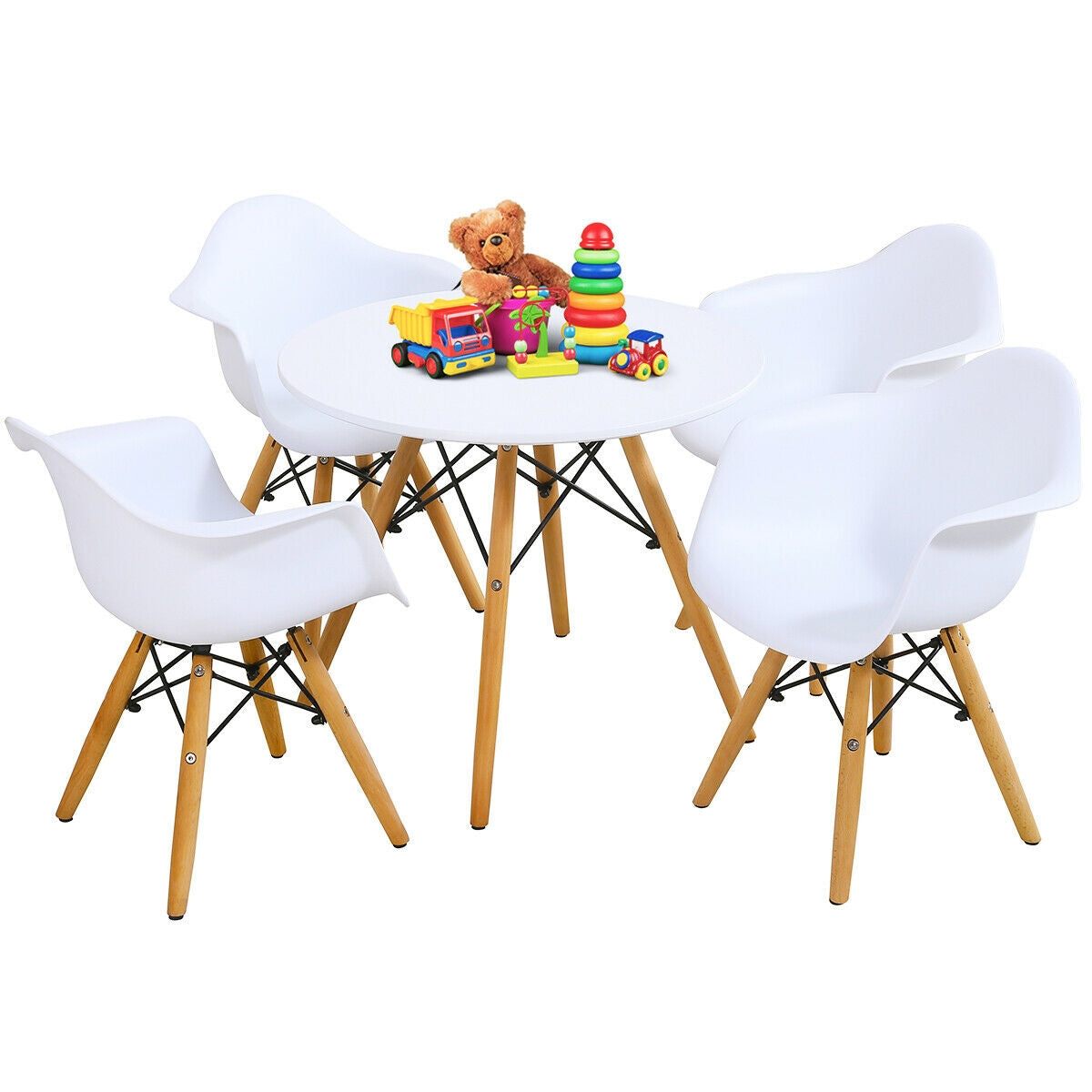 5 Piece Kids Modern Round Table Chair Set, White