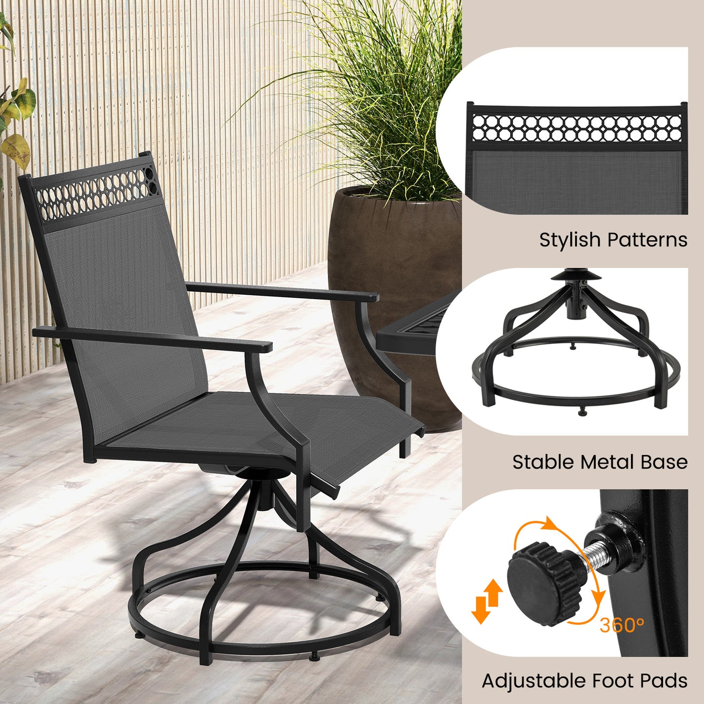 Patio Swivel Dining Chairs, Set of 2, Heavy-Duty Metal Frame, Gray Patio Dining Chairs at Gallery Canada