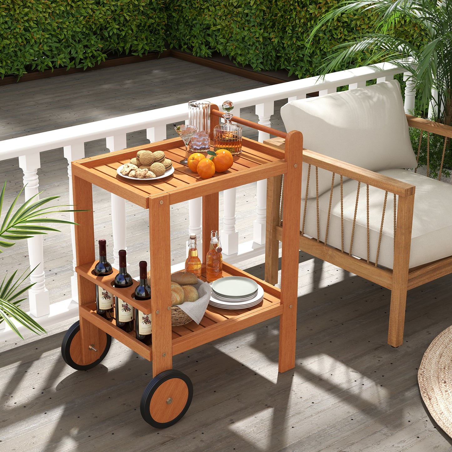 2 Tier Rolling Serving Cart with Wine Bottle Holders and 2 Rubber Wheels, Brown Kitchen Islands & Carts at Gallery Canada