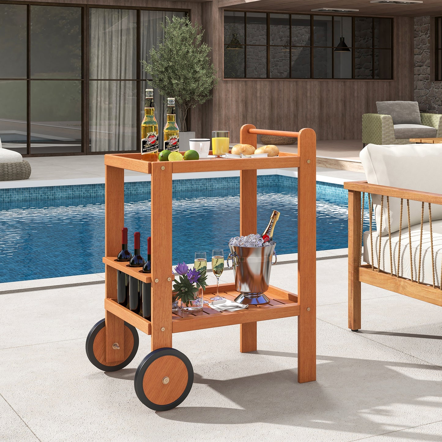 2 Tier Rolling Serving Cart, With Wine Bottle Holders, Brown Kitchen Islands & Carts at Gallery Canada