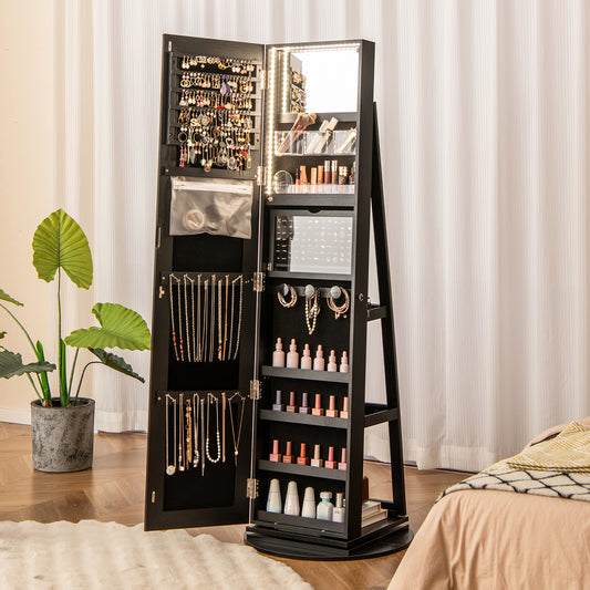 360° Rotating Jewelry Cabinet Armoire, LED Lockable, Black Jewelry Armoires Black at Gallery Canada