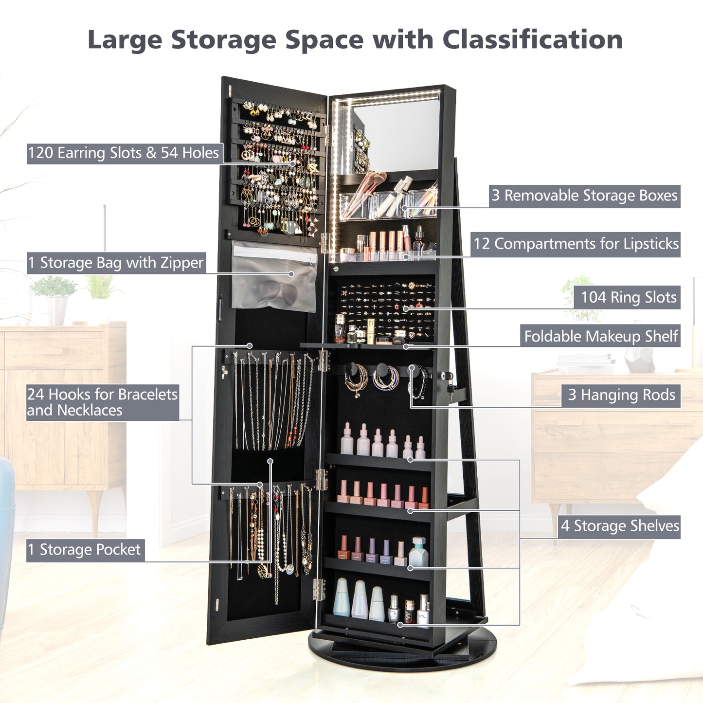 Armoire à bijoux rotative à 360°, avec LED verrouillable, noire