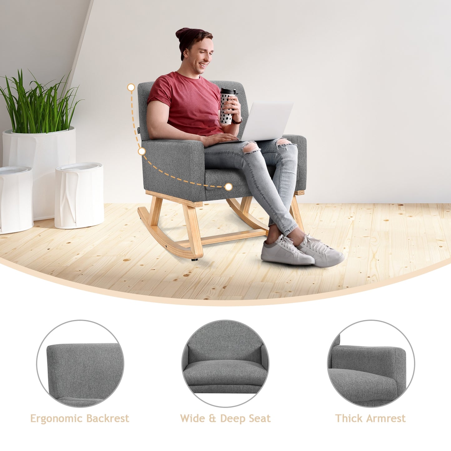 Upholstered Rocking Chair, Solid Wood Base, Gray Accent Chairs at Gallery Canada