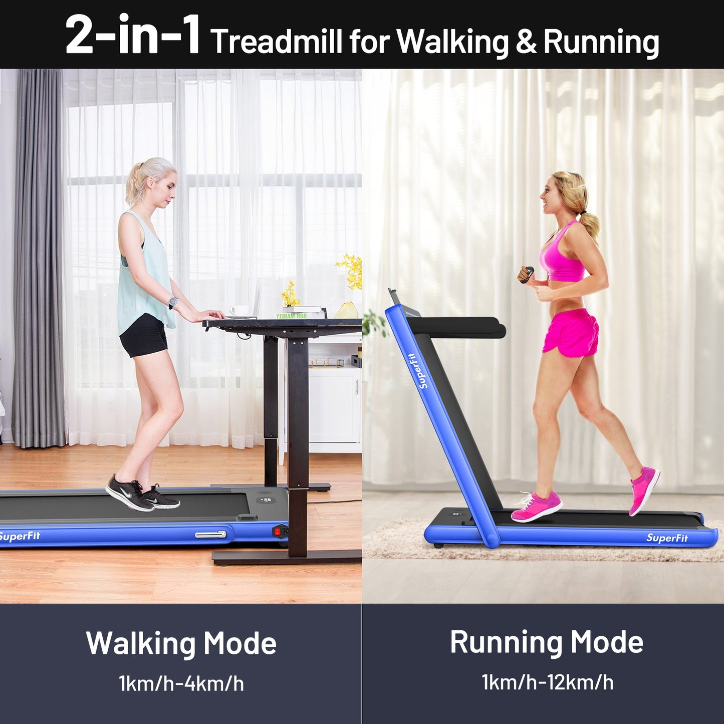 2-in-1 Electric Motorized Folding Treadmill, Dual Display, Blue
