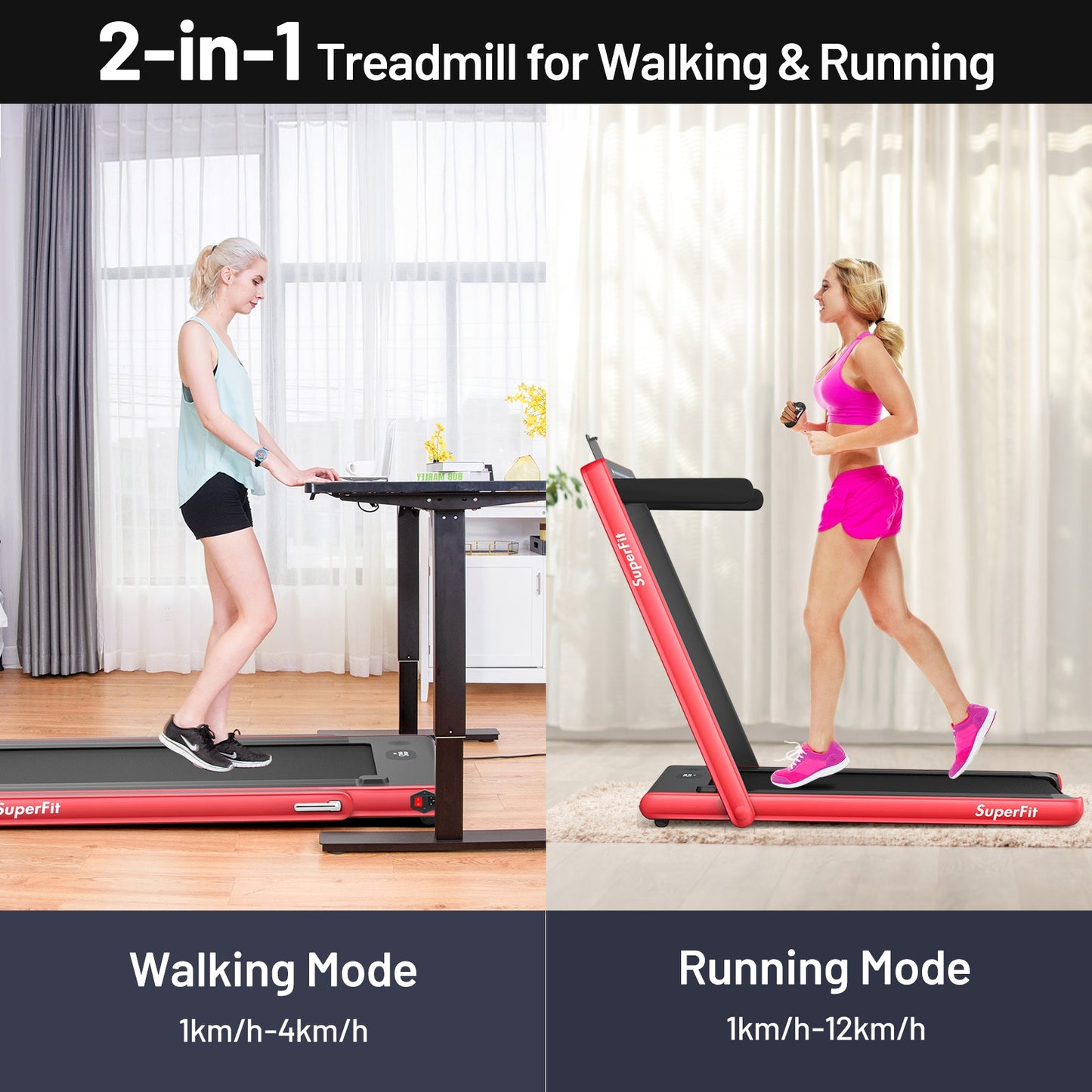 2-in-1 Electric Folding Treadmill, Dual Display, Speaker, Red