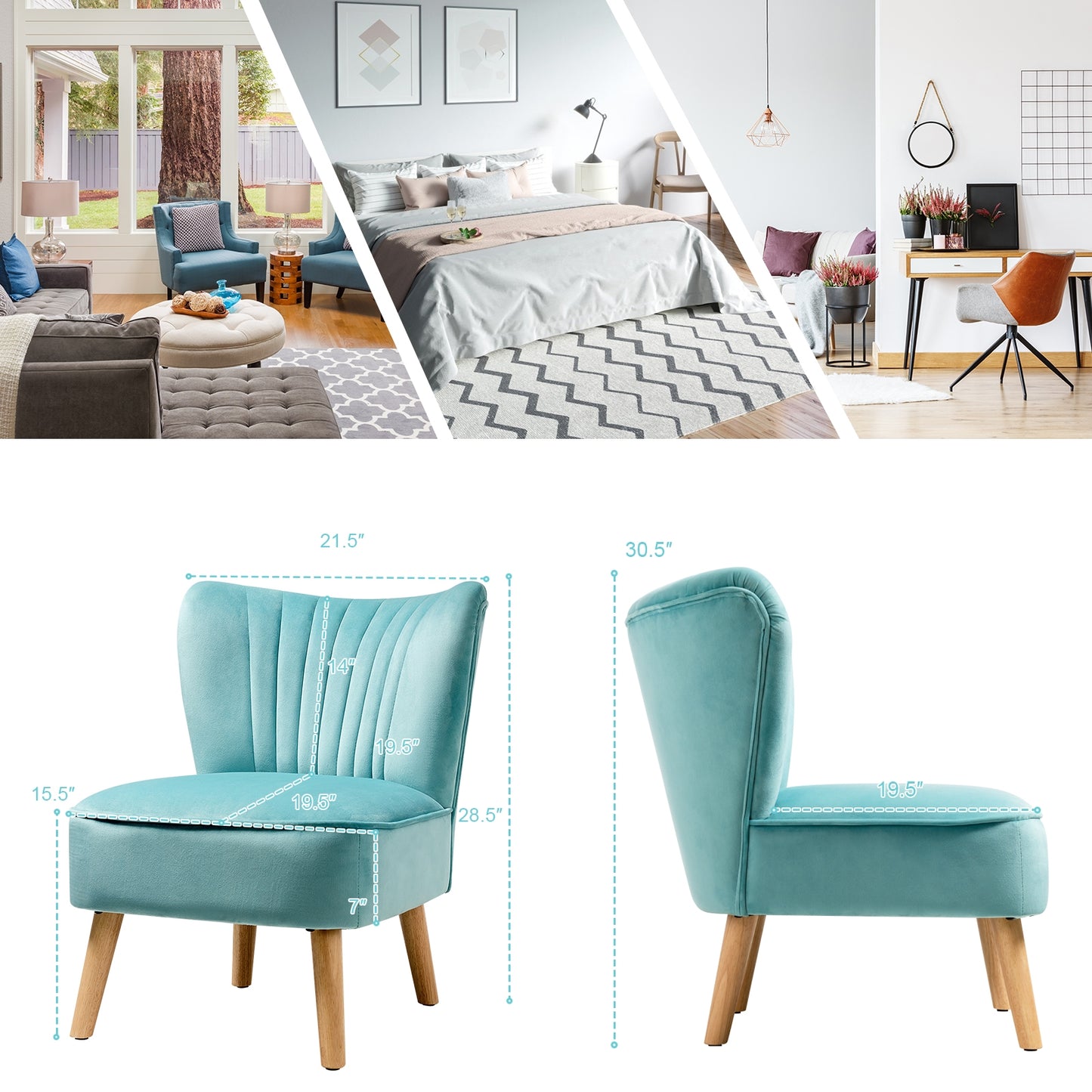 Modern Armless Velvet Accent Chair with Wood Legs, Green Accent Chairs at Gallery Canada