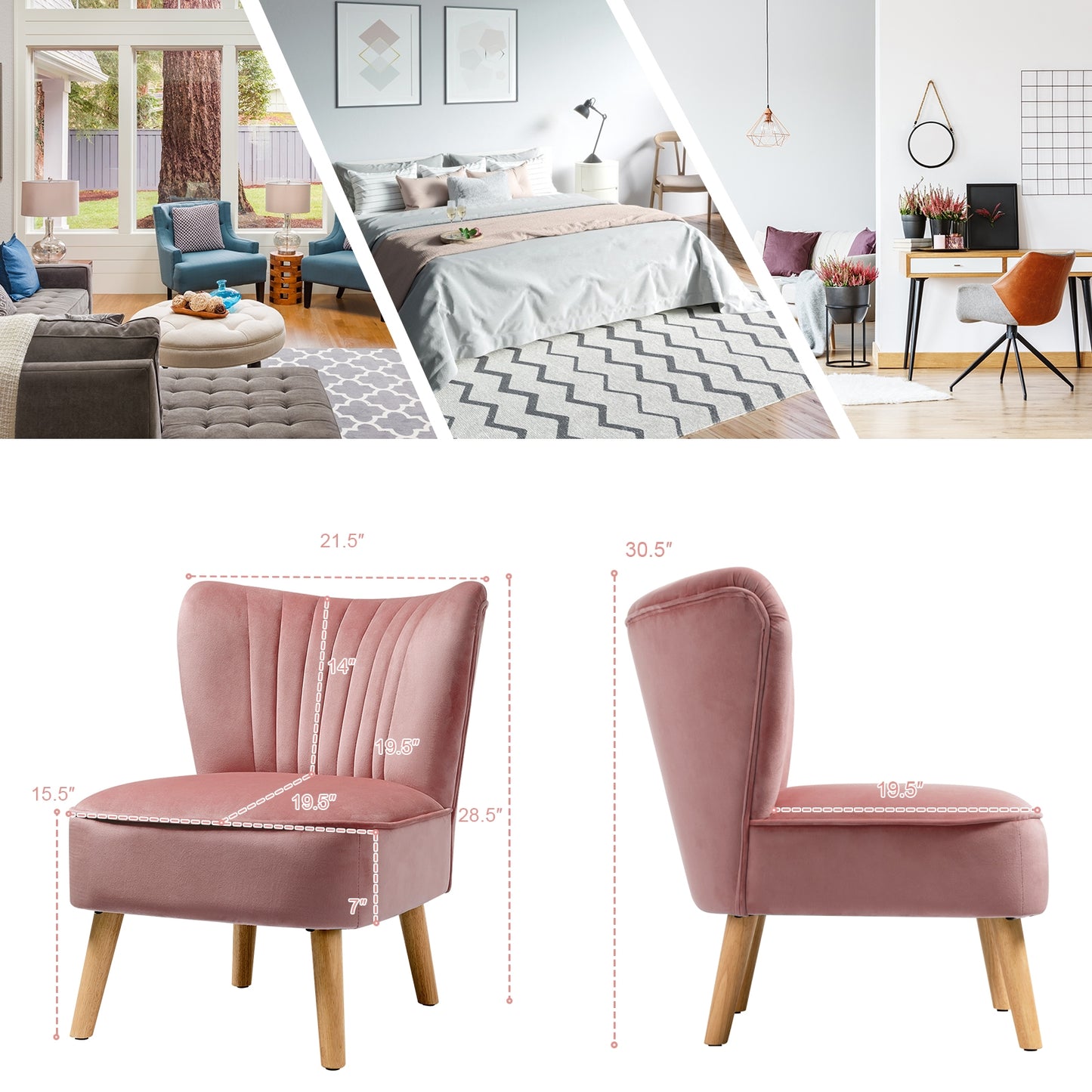 Modern Armless Velvet Accent Chair with Wood Legs, Pink Accent Chairs at Gallery Canada